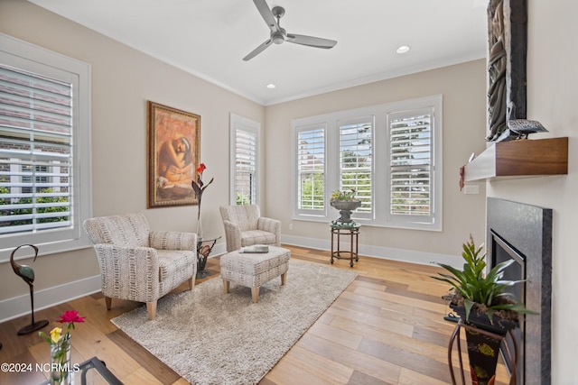 living area with ceiling fan and light hardwood / wood-style floors