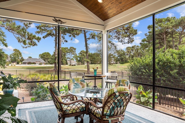 sunroom featuring vaulted ceiling and wood ceiling