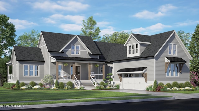 view of front of house featuring covered porch and a front lawn