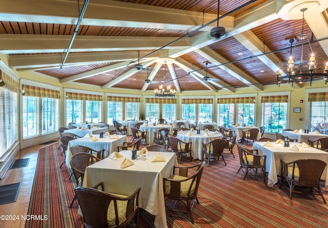 dining area with lofted ceiling with beams, a wealth of natural light, a chandelier, and wooden ceiling