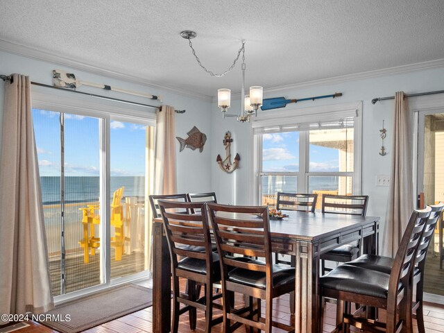 dining area featuring a chandelier, plenty of natural light, a textured ceiling, and a water view