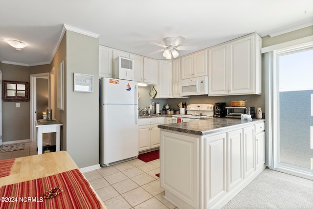 kitchen featuring light tile patterned flooring, crown molding, ceiling fan, white appliances, and white cabinets