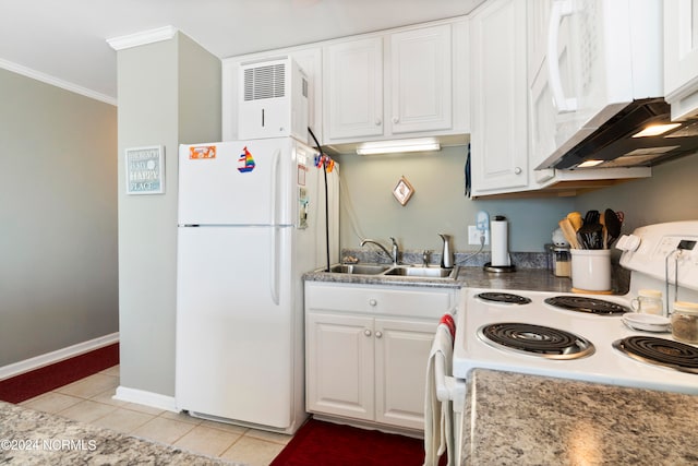 kitchen with sink, white appliances, crown molding, light tile patterned floors, and white cabinetry