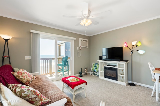 living room with crown molding, light colored carpet, a wall mounted AC, and ceiling fan