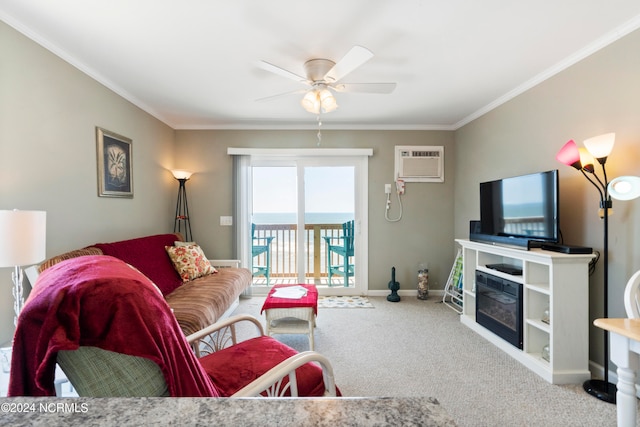 carpeted living room featuring crown molding, an AC wall unit, and ceiling fan