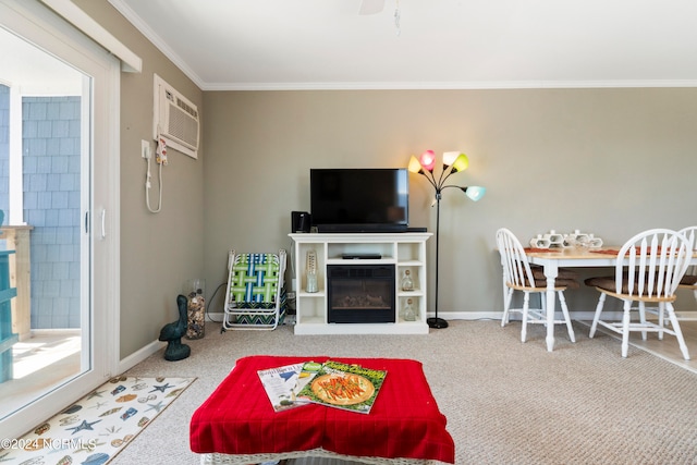 living room with crown molding, a wall mounted air conditioner, and carpet flooring