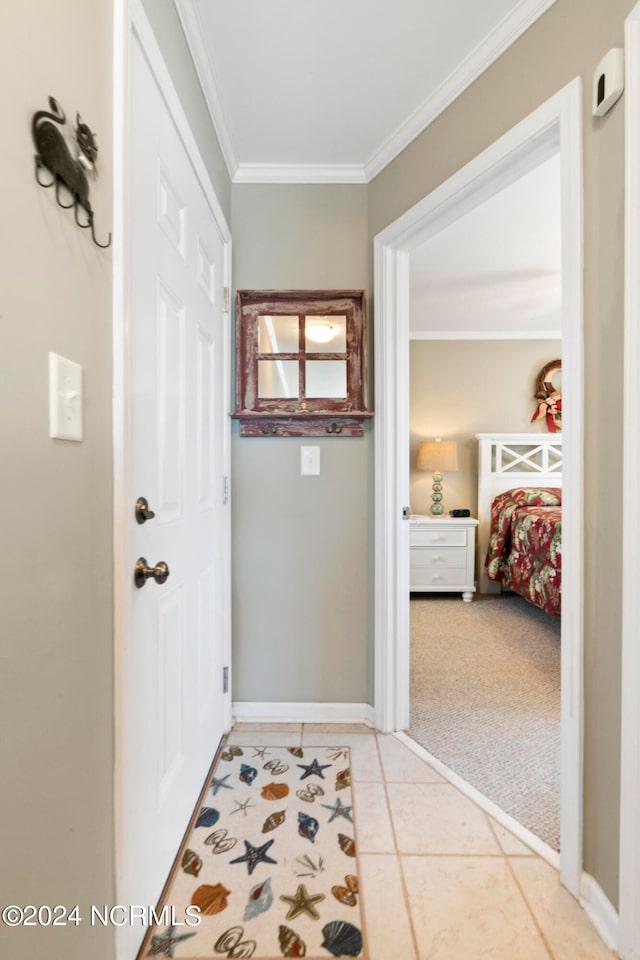 corridor with crown molding and carpet floors