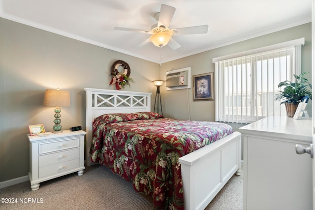 carpeted bedroom featuring crown molding, an AC wall unit, and ceiling fan