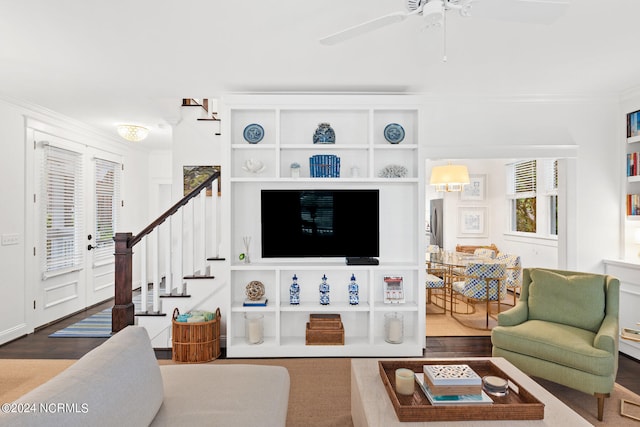 living room featuring ceiling fan, dark wood-type flooring, and ornamental molding