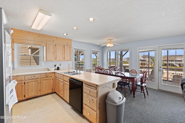 kitchen featuring light carpet, sink, dishwasher, ceiling fan, and a textured ceiling