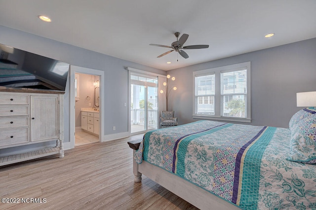 bedroom featuring ensuite bath, ceiling fan, access to exterior, and light wood-type flooring