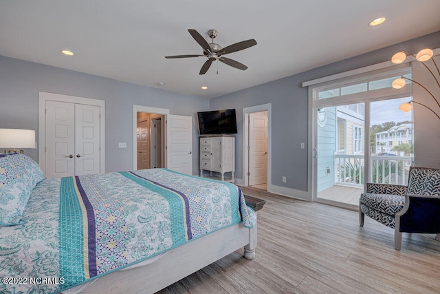 bedroom with ceiling fan, light hardwood / wood-style floors, and access to outside