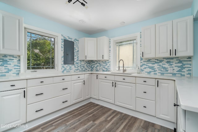 kitchen with dark hardwood / wood-style floors, sink, tasteful backsplash, and white cabinetry