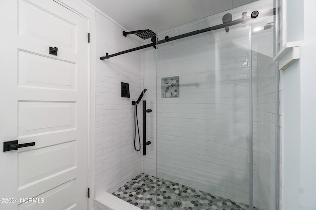 bathroom with a shower with shower door