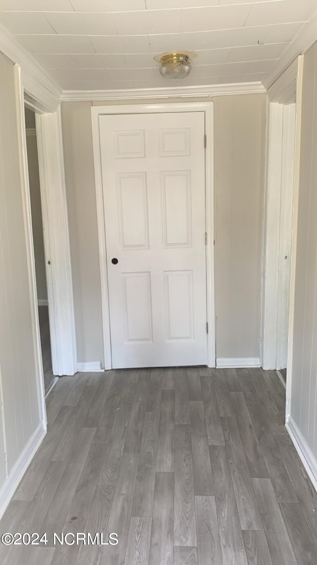 hallway with dark hardwood / wood-style flooring