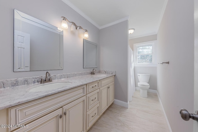 bathroom with ornamental molding, double vanity, toilet, and tile floors