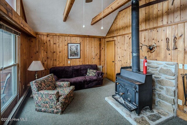 living room with a wood stove, wood walls, and carpet flooring