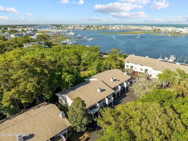 drone / aerial view with a water view