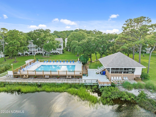 exterior space with a water view