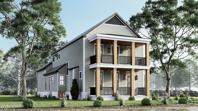 view of front of house featuring a balcony, covered porch, and a front yard