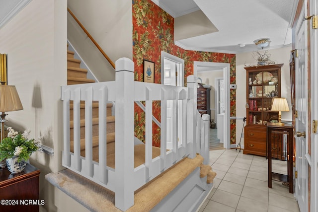 tiled bedroom featuring ornamental molding