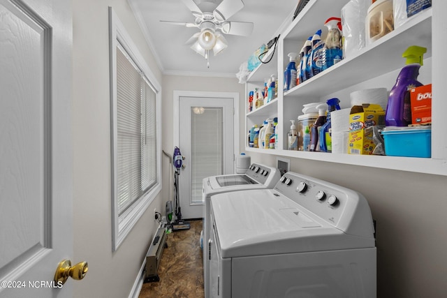 laundry area with ceiling fan, dark tile flooring, hookup for a washing machine, crown molding, and separate washer and dryer