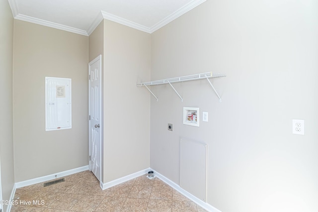 laundry area with hookup for an electric dryer, electric panel, crown molding, and hookup for a washing machine