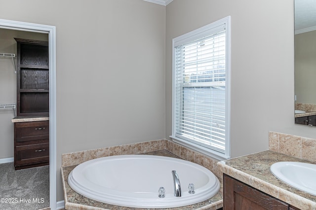 bathroom featuring vanity, a bath, and crown molding