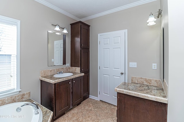 bathroom with tile patterned flooring, vanity, plenty of natural light, and crown molding