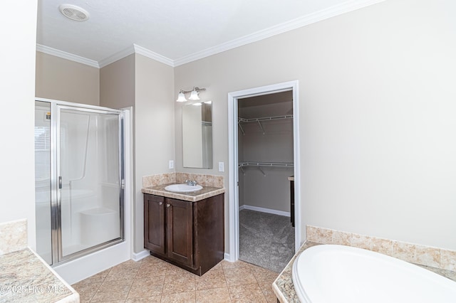 bathroom featuring shower with separate bathtub, vanity, and ornamental molding