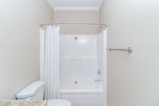 bathroom featuring crown molding, shower / bath combination with curtain, and toilet