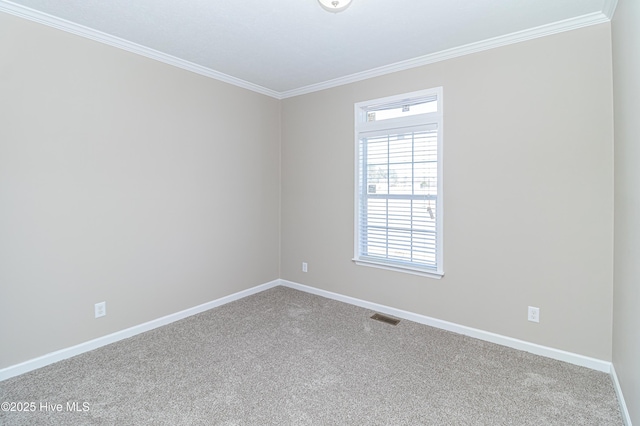 carpeted spare room featuring crown molding