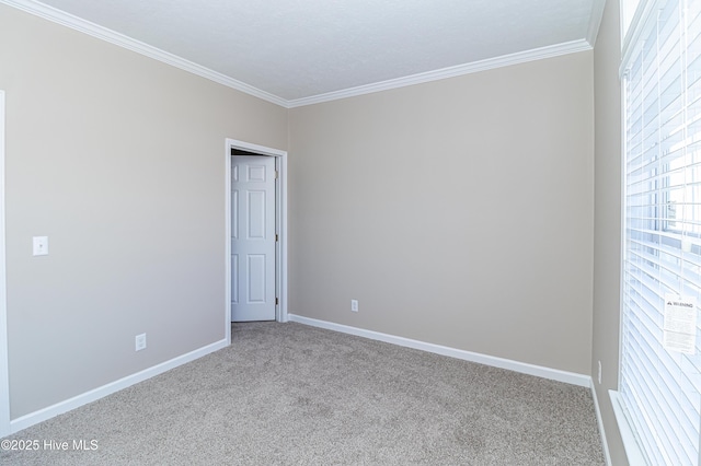 spare room with crown molding and light colored carpet