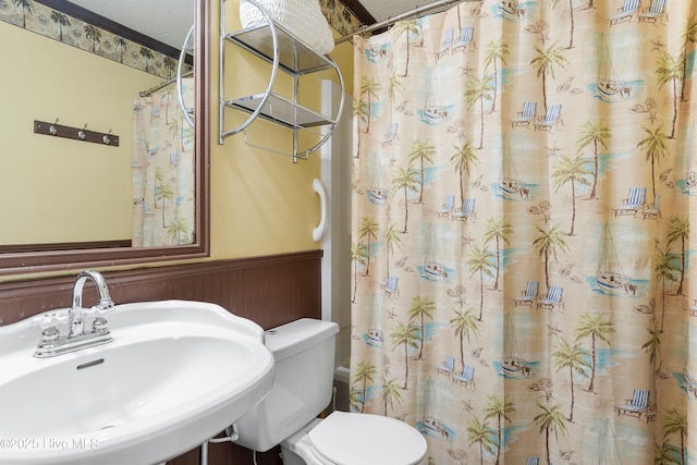 bathroom featuring toilet, sink, wood walls, and a textured ceiling