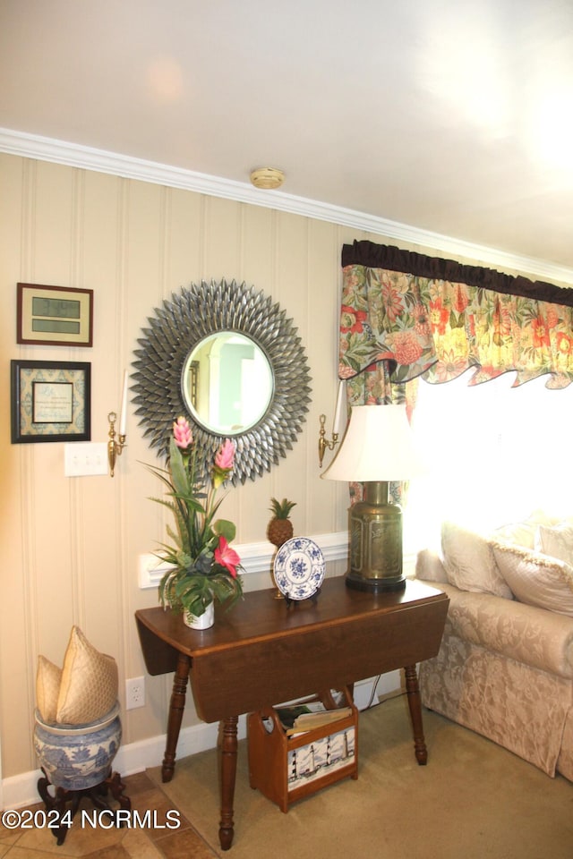 office area featuring crown molding