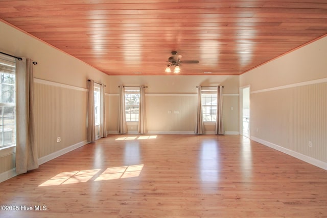 spare room with light wood-style floors, a wealth of natural light, wooden ceiling, and ceiling fan