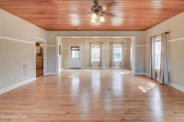 unfurnished living room featuring visible vents, baseboards, wood ceiling, crown molding, and light wood-style floors