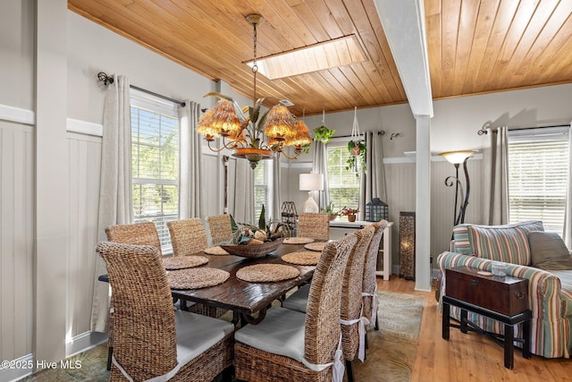 dining space with wooden ceiling, wood finished floors, beam ceiling, and a notable chandelier