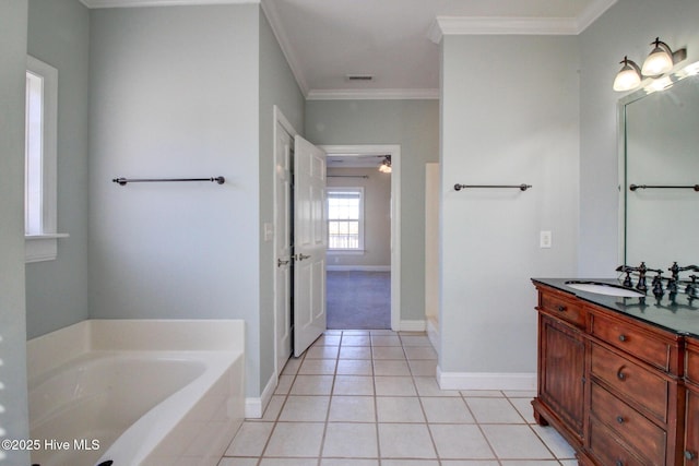 bathroom featuring visible vents, vanity, ornamental molding, a bath, and tile patterned floors