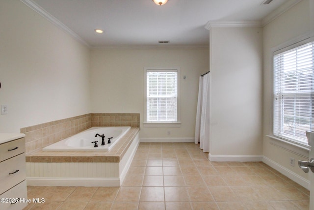 full bathroom featuring tile patterned flooring, a healthy amount of sunlight, visible vents, and crown molding