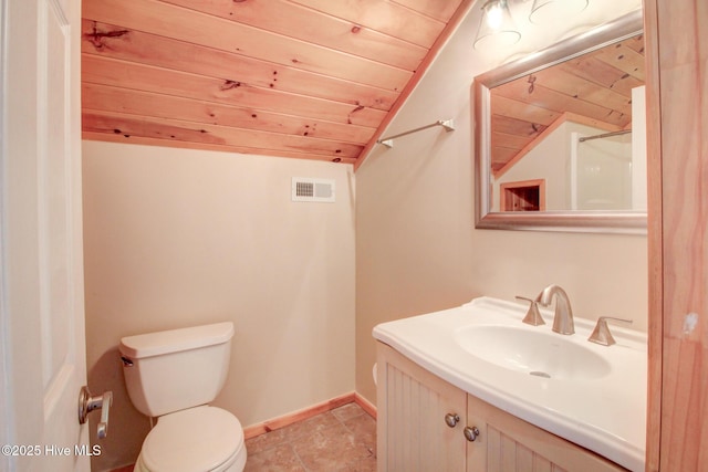 bathroom with visible vents, toilet, vaulted ceiling, vanity, and wooden ceiling