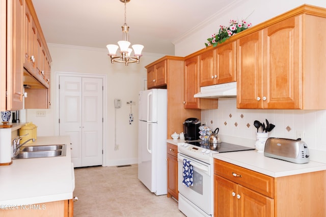 kitchen with pendant lighting, light countertops, a sink, white appliances, and under cabinet range hood