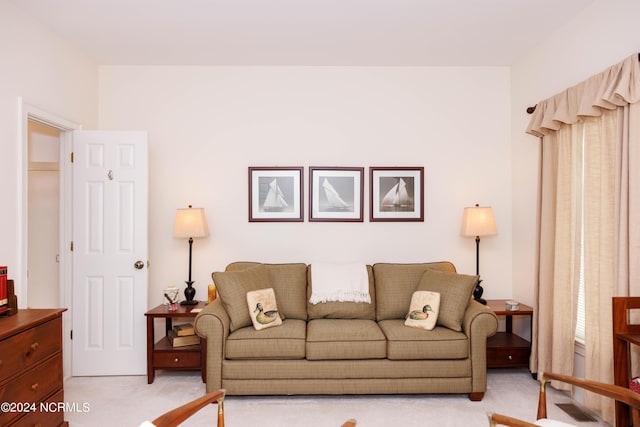 living room featuring light carpet