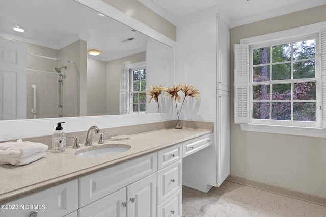 bathroom with tile patterned floors, vanity, ornamental molding, and a shower