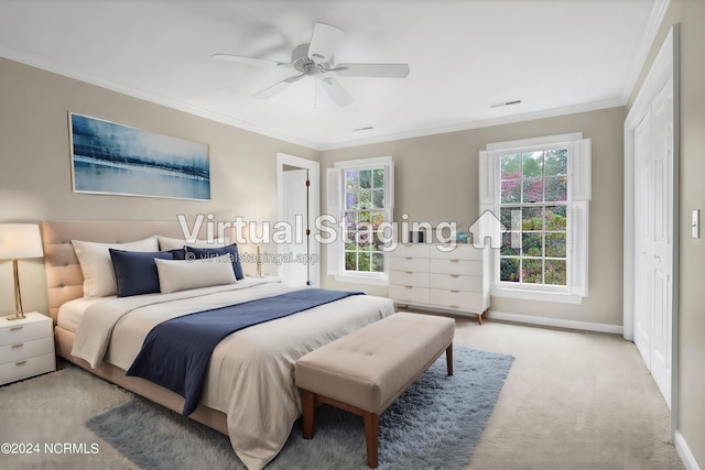 carpeted bedroom featuring crown molding, ceiling fan, and a closet