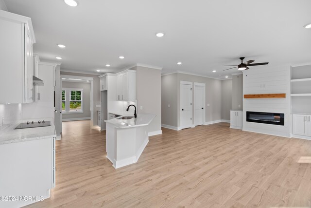 kitchen with light hardwood / wood-style floors, sink, a fireplace, and white cabinets