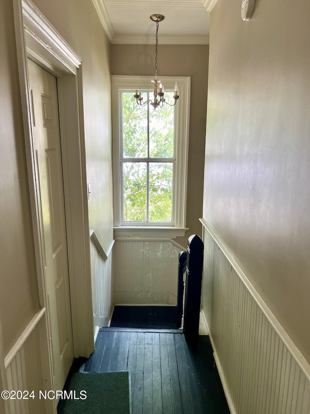 entryway with ornamental molding, dark hardwood / wood-style flooring, and an inviting chandelier