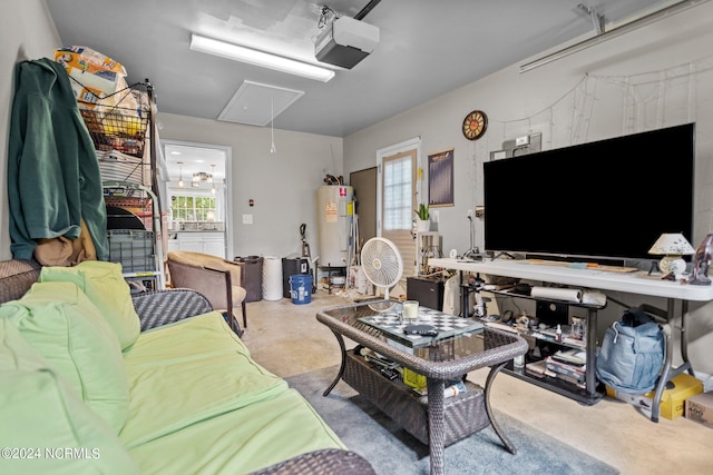 living room featuring concrete flooring and water heater