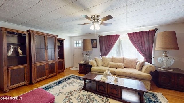 living room featuring ceiling fan and light hardwood / wood-style floors