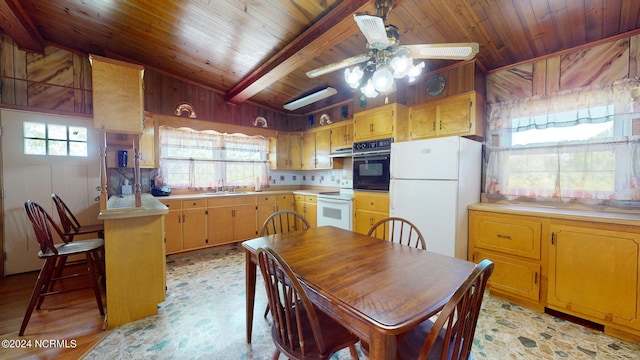 dining area featuring light hardwood / wood-style floors, lofted ceiling with beams, sink, wood ceiling, and ceiling fan